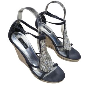 White House Black Market Lola Wedge Sandals 8.5 Crystal Embellished Espadrille
